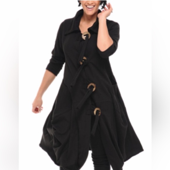 Tulip Jackets & Blazers - Tulip Black Cotton Toggle Button Asymmetrical Lagenlook Jacket Coat S Art Wear